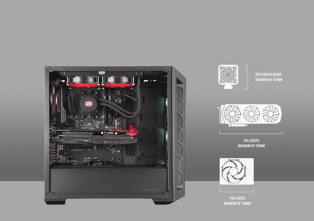 Cooler Master MasterBox MB530P Case Facing Right, Fully Loaded with Components Next to Graphics That Read: CPU Cooler Height Maximum of 165mm, GFX Length Maximum of 410mm and PSU Length Maximum of 180mm