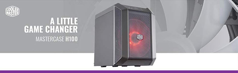 MasterCase H100 angled to right with its 200mm RGB fan glowing red