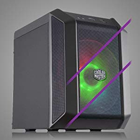 MasterCase H100 angled to right with the RGB fan glowing red, green and blue