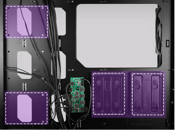 Overhead view of the Antec Dark Avenger DA601 Computer Case's Interior Laying Flat with Purple and white graphics indicating where 4 SSDs can be installed