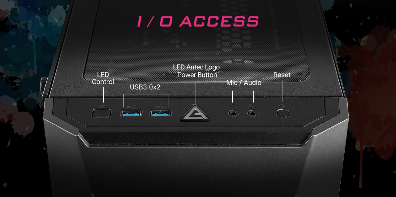 Closeup of the Antec Dark Avenger DA601 Computer Case's Top Front Panel Showing: LED Control switch, two USB 3.0 ports, the LED Antec Logo Power Button, mic jack, audio jack and reset button