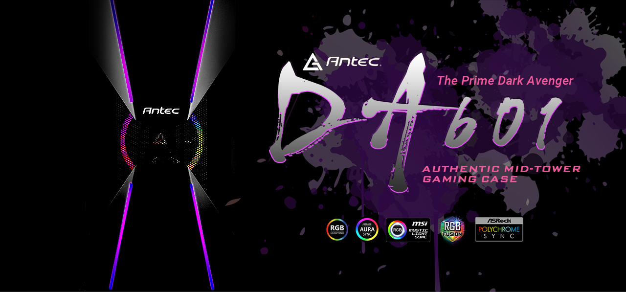 Antec Dark Avenger DA601 Computer Case banner with text that reads: Authentic Mid-Tower Gaming Case as well as the logos for RGB lighting and the compatible ASUS, MSI, GIGABTE and ASRock RGB-software logos