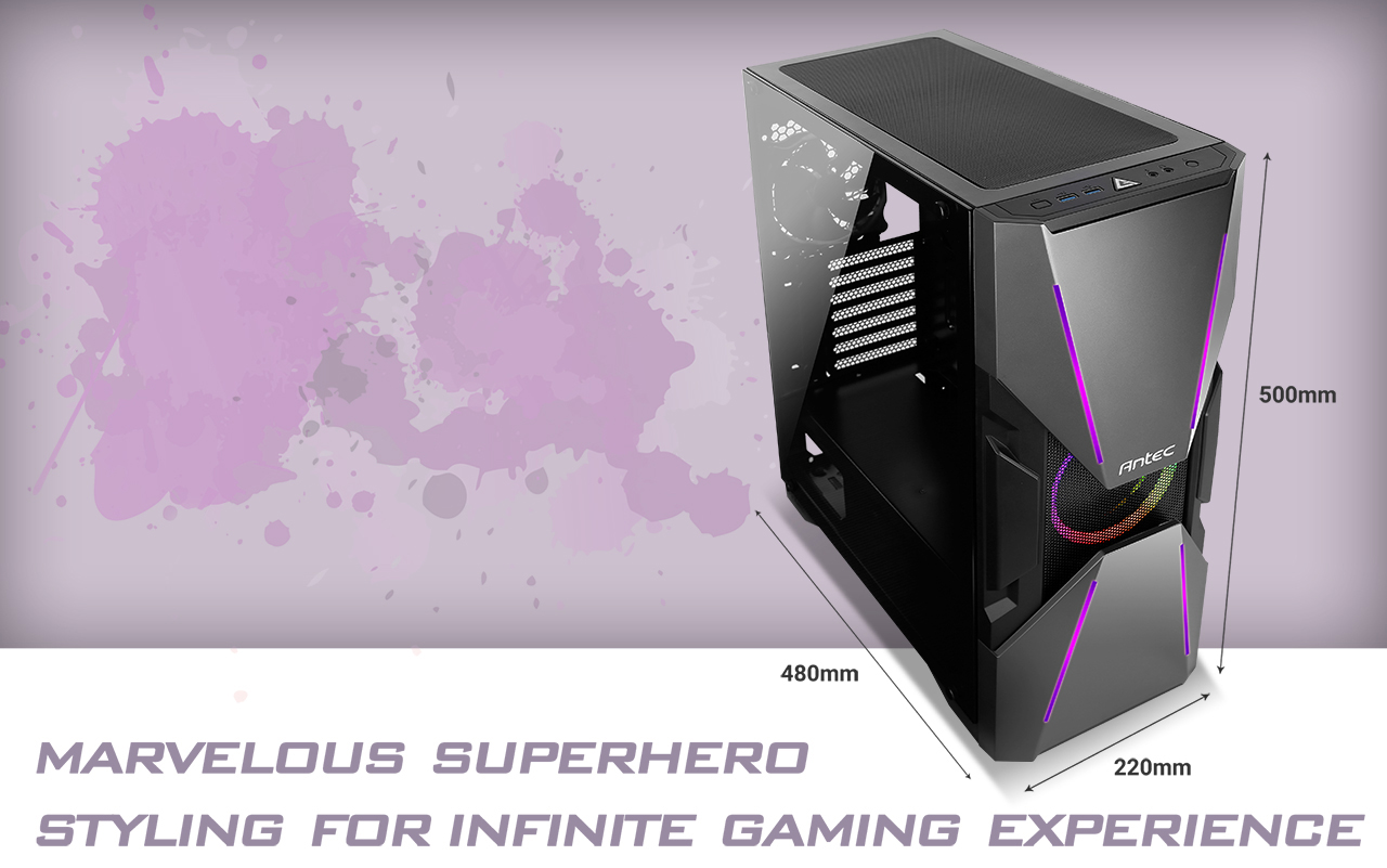 Antec Dark Avenger DA601 Computer Case facing slightly to the right with dimensions around it that read: 480mm depth, 220m width and 500mm height. There is also text that reads: MARVELOUS SUPERHERO STYLING FOR INIFINITE GAMING EXPERIENCES