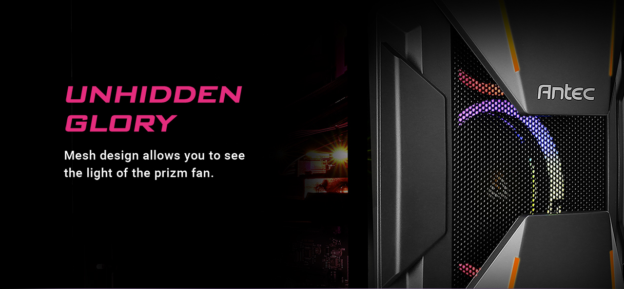 Closeup of the Antec Dark Avenger DA601 Computer Case's front panel facing to the right. There is text that reads: UNHIDDEN GLORY, mesh design allows you to see the light of the prizm fan