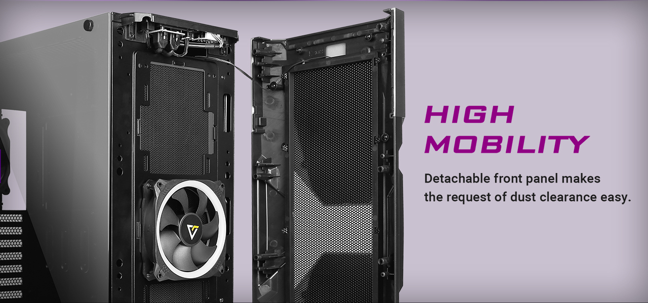 Antec Dark Avenger DA601 Computer Case facing to the right with its front panel removed. There is text that reads: HIGH MOBILITY, Detachable front anel makes dust clearance easy