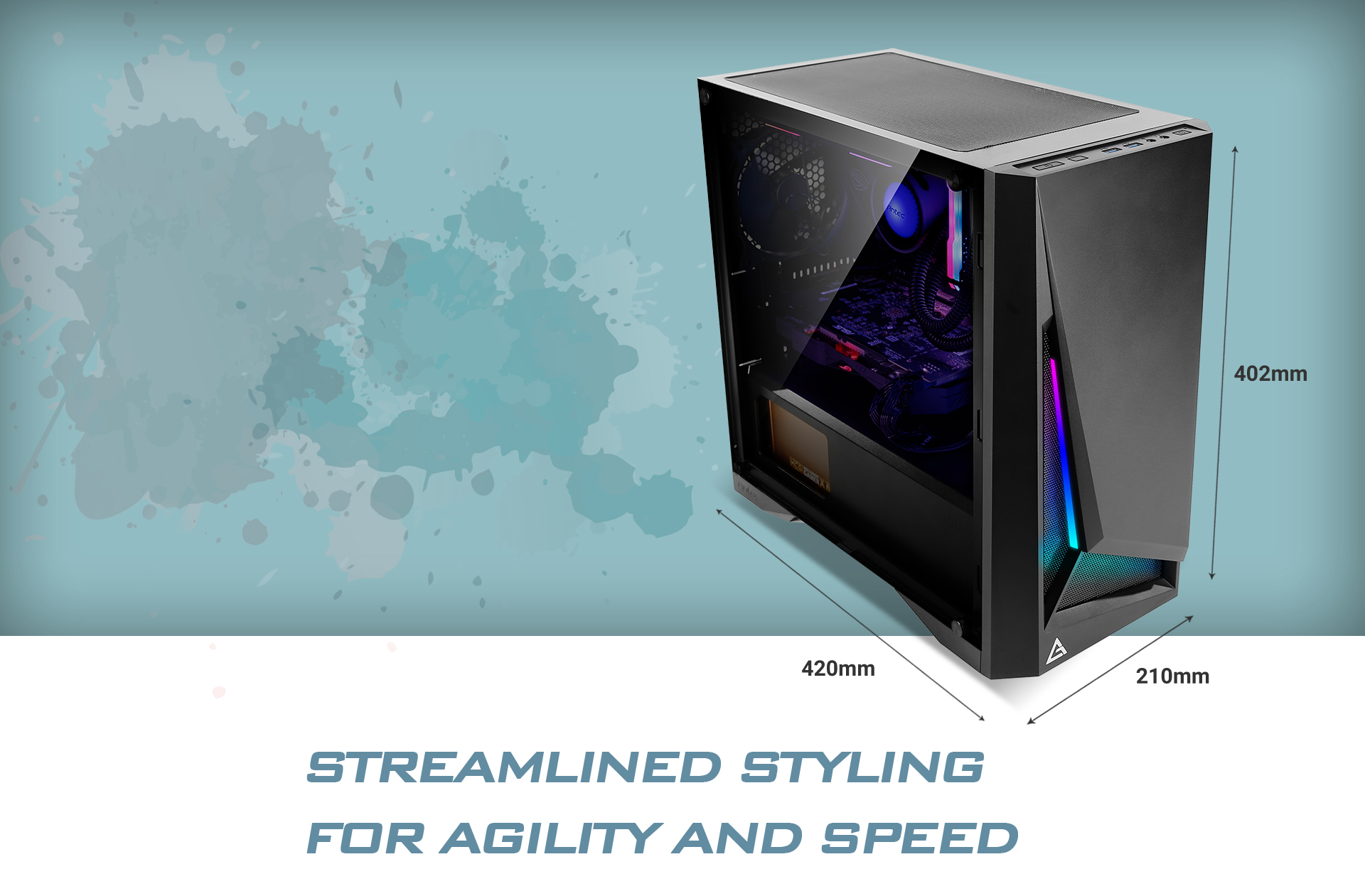 Antec DP301M case angled down to the right with text indicating 420mm depth, 210mm width and 402mm height. There is text below the case that reads: STREAMLINED STYLING FOR AGILITY AND SPEED