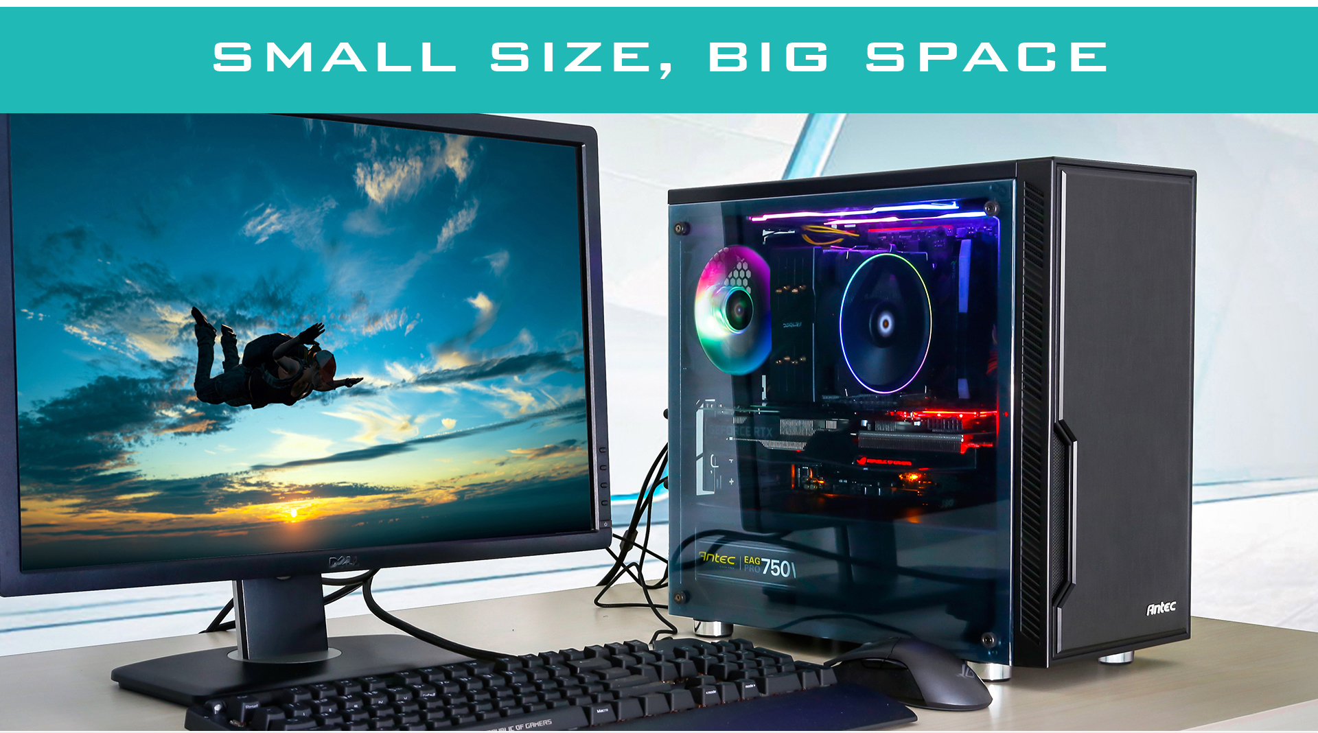Antec Banner Showing the Antec Case Fully Loaded with Components on a Desk Next to a keyboard, mouse and monitor that has a skydiving screenfill
