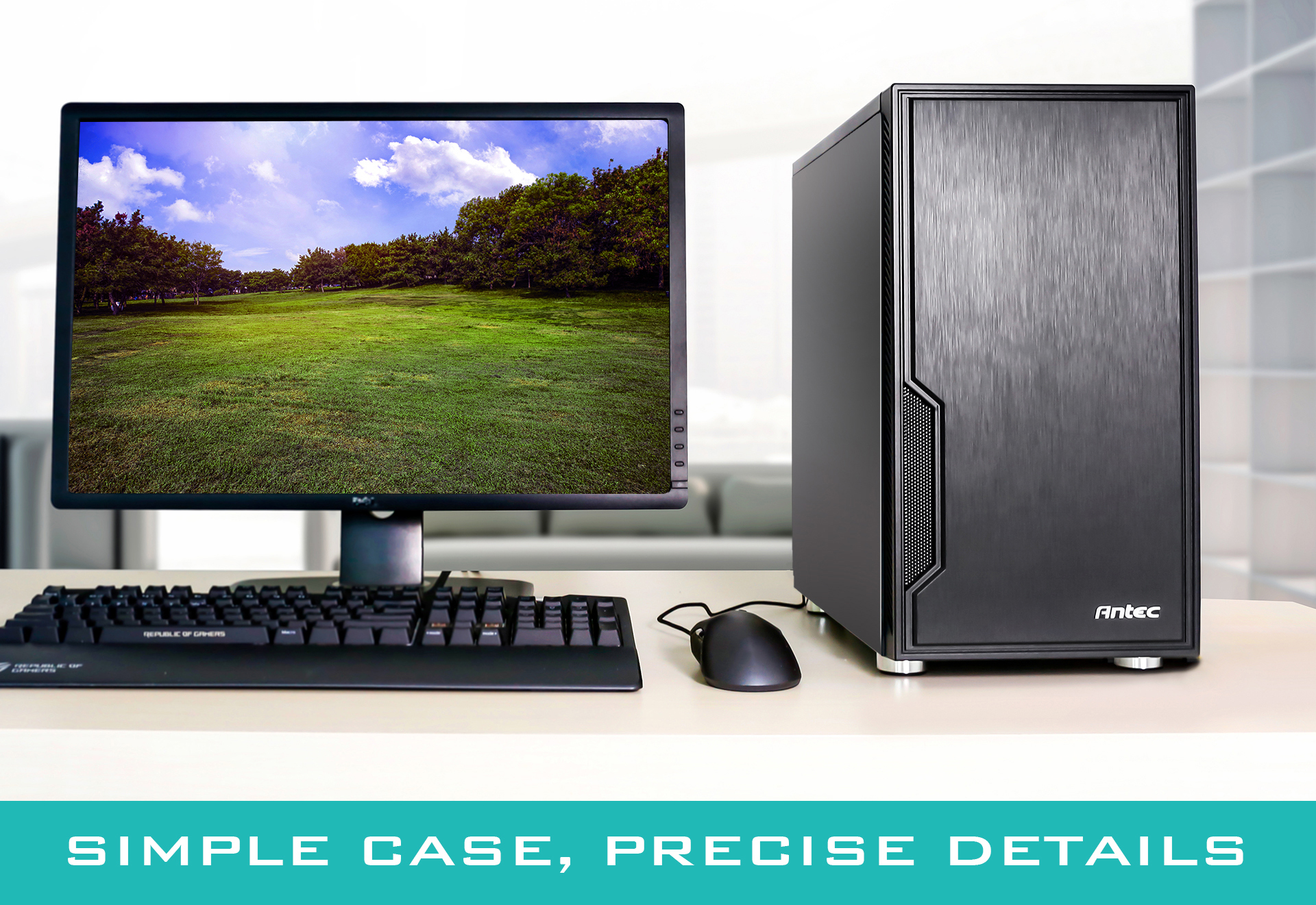 Antec Case Facing Forward on a Desk Next to a Mouse, Keyboard and Monitor That Has a Aegis Video-Game Plane Schematics on Screen. below the image is text that reads: SIMPLE CASE, PRECISE DETAILS