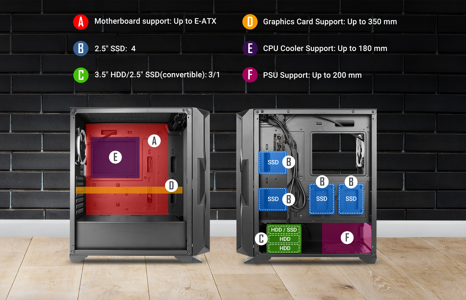 Antec NX800 MX series-Mid Tower Gaming Case internal structure hardware support specifications and installation location labeling