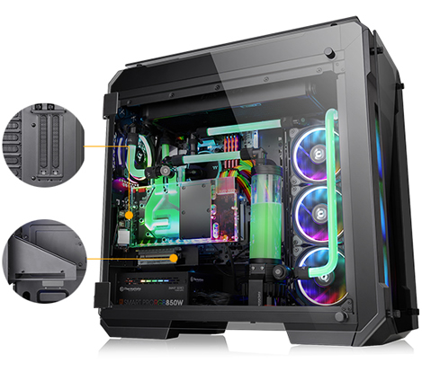 Thermaltake View 71 Facing to the right, fully loaded with glowing and RGB-lit cooling components