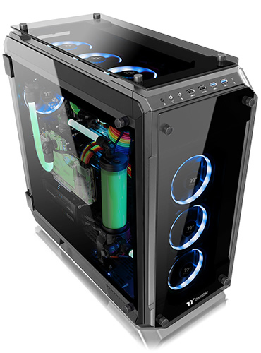 Thermaltake View 71 angled forward to the right fully loaded with glowing and RGB-lit cooling components