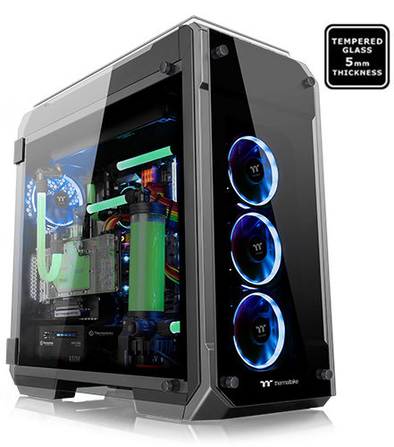 Thermaltake View 71 Full Gaming Case facing slightly to the right, fully loaded with RGB-lit components