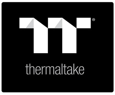 white Thermaltake logo and text on a black background