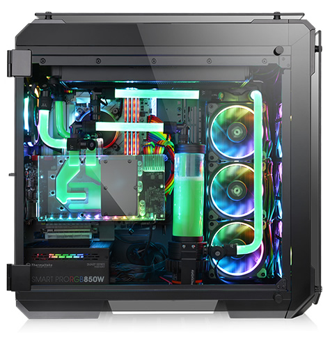 Thermaltake View 71 fully loaded with glowing and RGB-lit cooling components