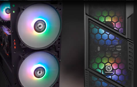 Closeup of the two RGB-lit pre-installed fans on the Thermaltake Commander C31 case