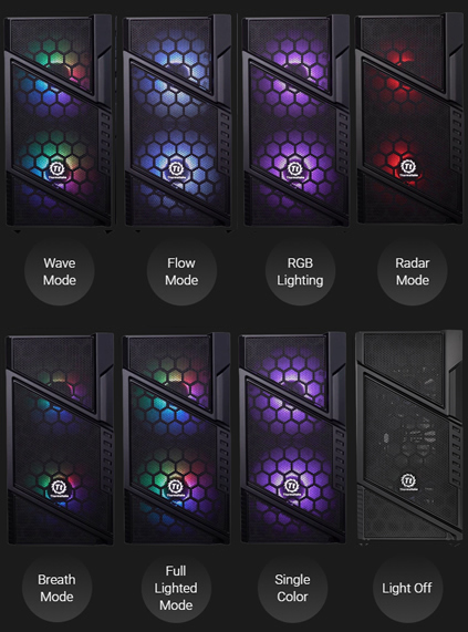 Eight instances of front-facing, RGB-lit Thermaltake Commander C31 cases and text below them that reads: Wave Mode, Flow Mode, RGB Lighting, Radar Mode, Breath Mode, Full Lighted Mode, Single Color and Light Off