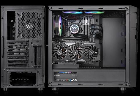 A back shot and side shot of the Thermaltake Commander C31 with the side panel removed and 