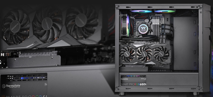 Thermaltake Commander C31 with its side panel removed and components fully installed, the background is a closeup of the case's interiors with the graphics card and power supply closest to the viewer