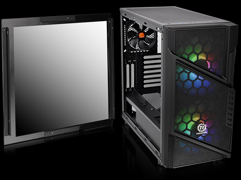 Thermaltake Commander C31 facing forward, slightly to the right with its side panel removed next to the open interior