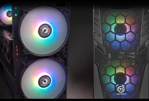 Two shots of the front of the Thermaltake Commander C32 case, the left image shows the front panel removed, exposing the two spinning fans and the right image has the fans covered