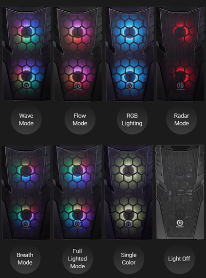 Eight instances of front-facing, RGB-lit Thermaltake Commander C32 cases and text below them that reads: Wave Mode, Flow Mode, RGB Lighting, Radar Mode, Breath Mode, Full Lighted Mode, Single Color and Light Off
