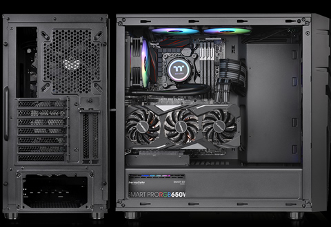 A back shot and side shot of the Thermaltake Commander C32 with the side panel removed and components fully installed
