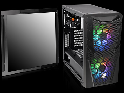 Thermaltake Commander C32 facing forward slightly to the right with its tempered-glass side panel removed