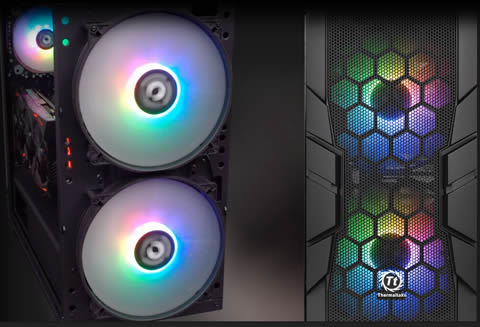 Two shots of the front of the Thermaltake Commander C33 case, the left image shows the front panel removed, exposing the two spinning fans and the right image has the fans covered