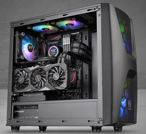 Thermaltake Commander C34 facing to the right fully loaded with components and RGB-lit fans