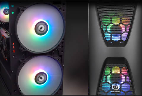Two shots of the Thermaltake Commander C34 case, the left image shows the front panel removed, exposing the two spinning fans and the right image has the fans covered
