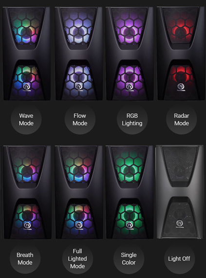Eight instances of front-facing, RGB-lit Thermaltake Commander C34 cases and text below them that reads: Wave Mode, Flow Mode, RGB Lighting, Radar Mode, Breath Mode, Full Lighted Mode, Single Color and Light Off