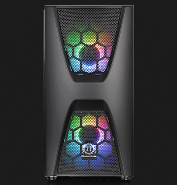 Thermaltake Commander C34 facing forward with two rainbow-lit fans