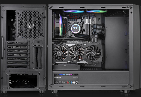 A back shot and side shot of the Thermaltake Commander C34 with the side panel removed and components fully installed