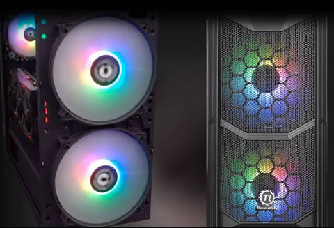 Two shots of the front of the Thermaltake Commander C35 case, the left image shows the front panel removed, exposing the two spinning fans and the right image has the fans covered