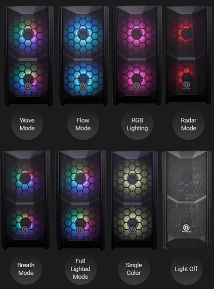 Eight instances of front-facing, RGB-lit Thermaltake Commander C35 cases and text below them that reads: Wave Mode, Flow Mode, RGB Lighting, Radar Mode, Breath Mode, Full Lighted Mode, Single Color and Light Off