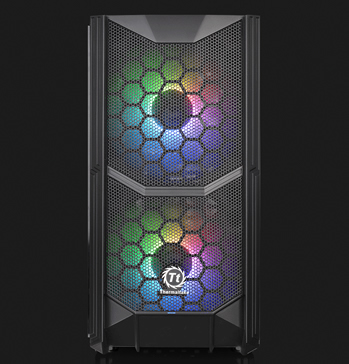 Thermaltake Commander C35 facing forward with two rainbow-lit fans