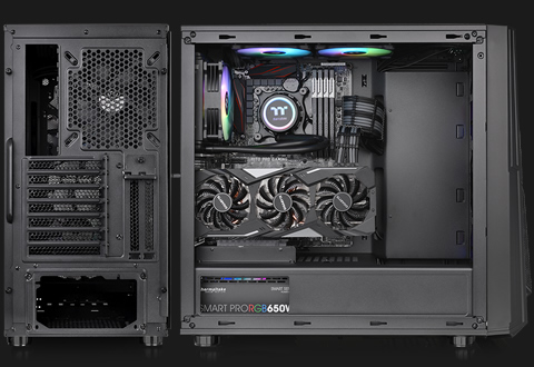 A back shot and side shot of the Thermaltake Commander C35 with the side panel removed and components fully installed