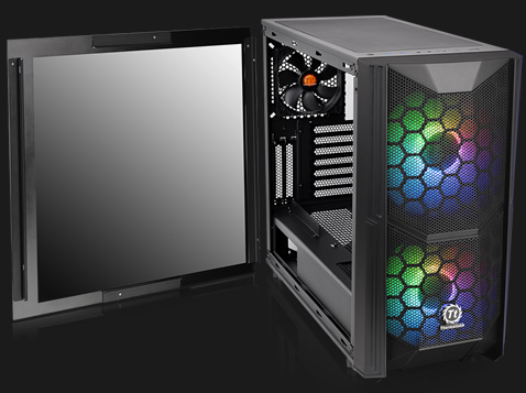 Thermaltake Commander C35 facing forward slightly to the right with its tempered-glass side panel removed