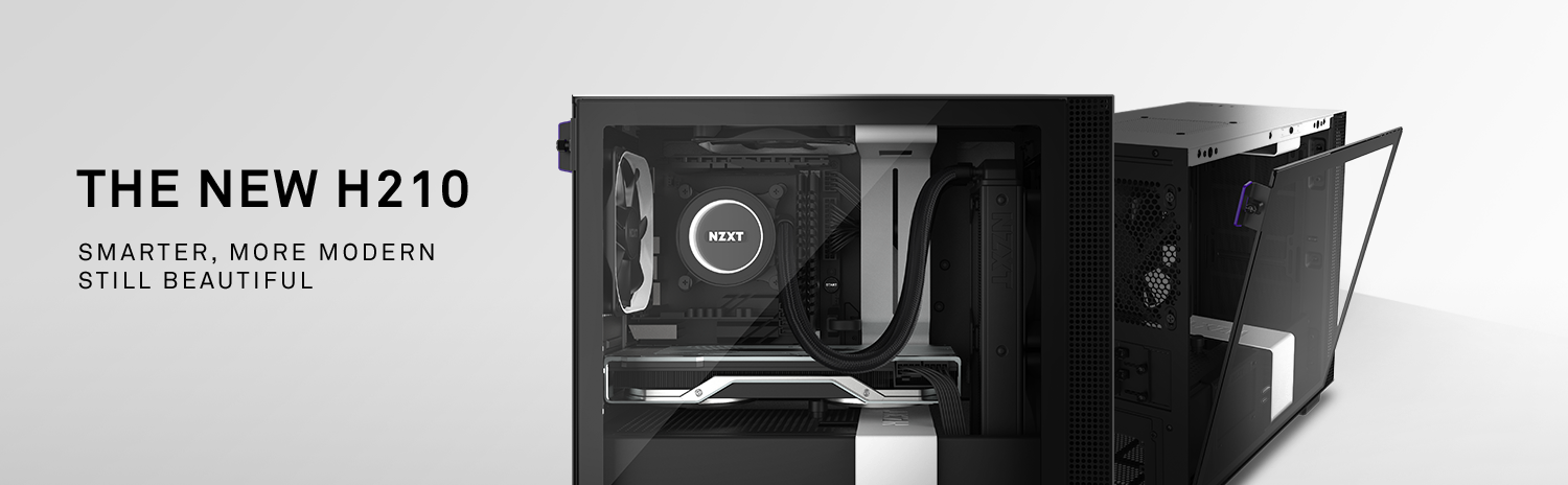 NZXT H Series H210 Mini-ITX Tower Computer Cases, One Facing to the Side Fully Loaded with Components and the Other Facing Away to the Right with Its Tempered-Glass Side Panel Coming Down. There is also text that reads: THE NEW H210 - SMARTER, MORE MODERN—STILL BEAUTIFUL