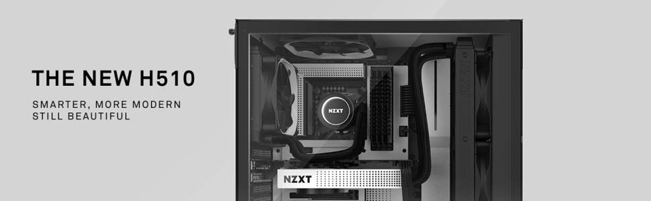 NZXT H Series H510 ATX Mid Tower Computer Case Facing to the Side, Fully Loaded with Components, Next to Text That Reads: THE NEW H510 - SMARTER MORE MODERN—STILL BEAUTIFUL