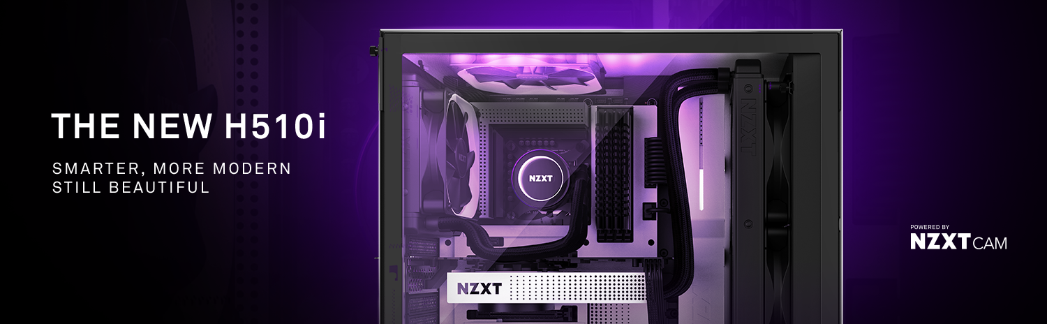 NZXT H Series H510i CA-H510i-W1 Case Facing to the Right, Fully Loaded with Components and Text That Reads: THE NEW H510i - Smarter, More Modern—Still Beautiful