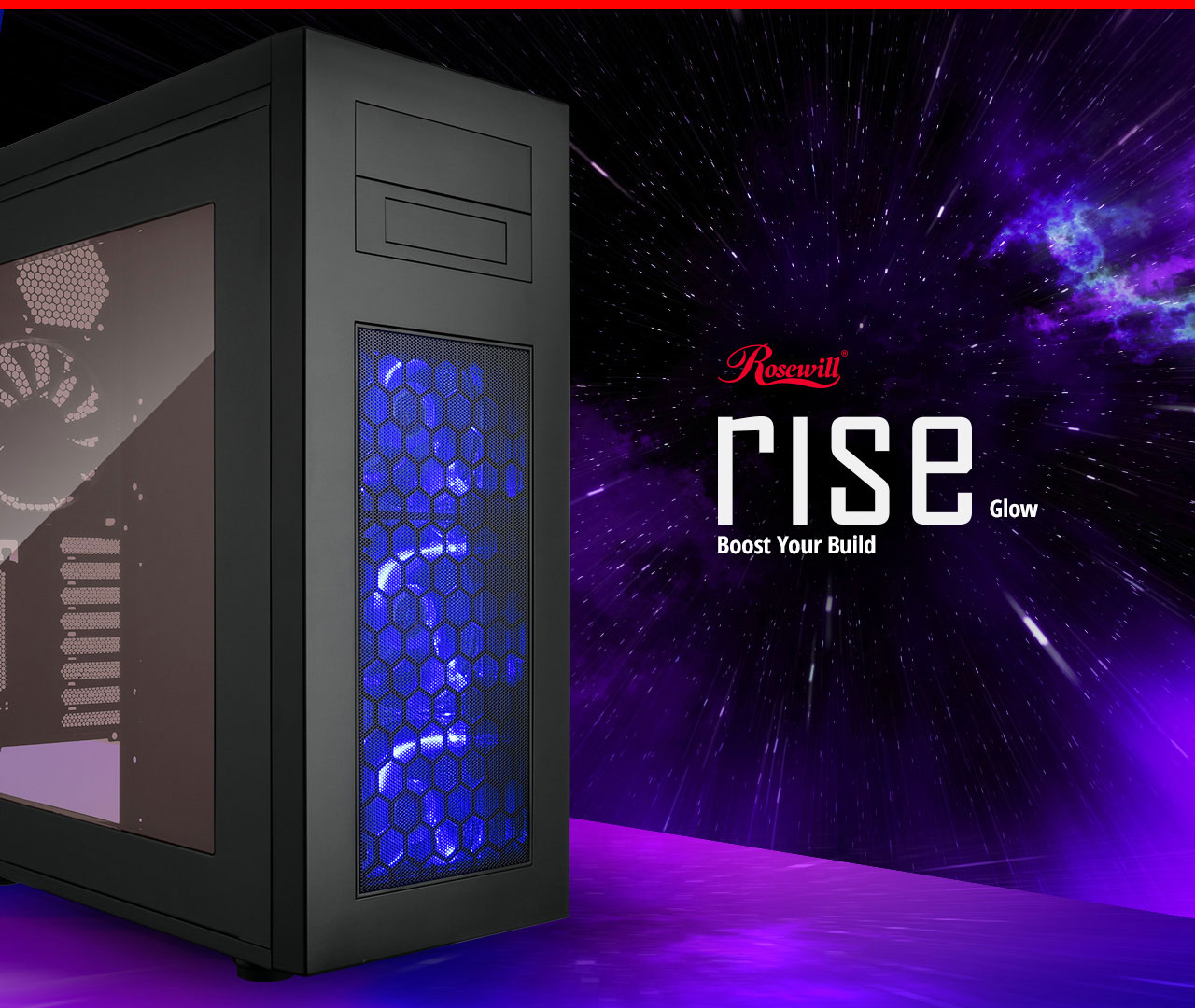 Rosewill RISE Glow banner with the case facing to the right on a desk that's blend with a purple galactical background. There is also text that reads: Boost Your Build
