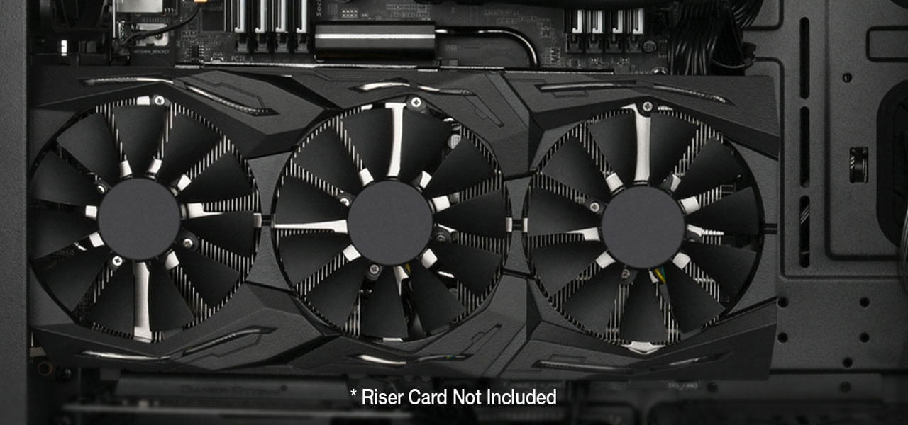 An AORUS graphics card installed inside the Rosewill RISE case. There is a disclaimer that reads: riser card not included
