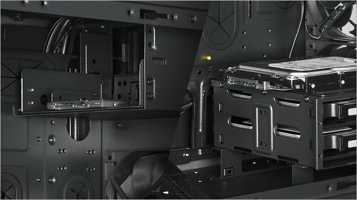 Closeup of the Rosewill RISE case's interior storage areas