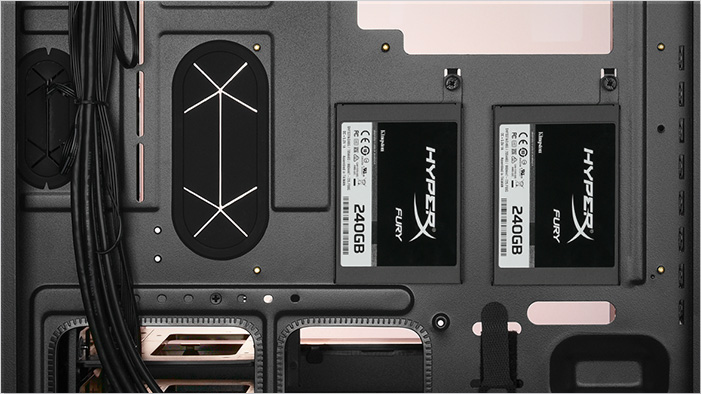 Closeup of ssds installed inside the Rosewill RISE case