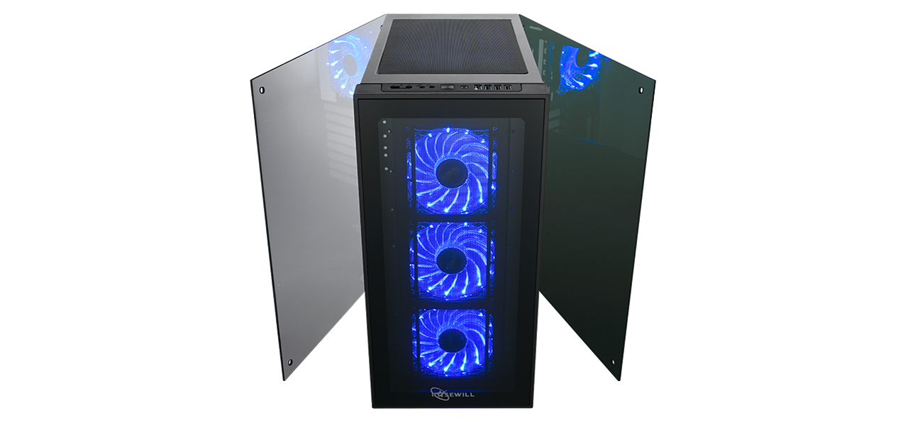 Rosewill CULLINAN MX-Blue case facing forward with the side tempered glass coming out