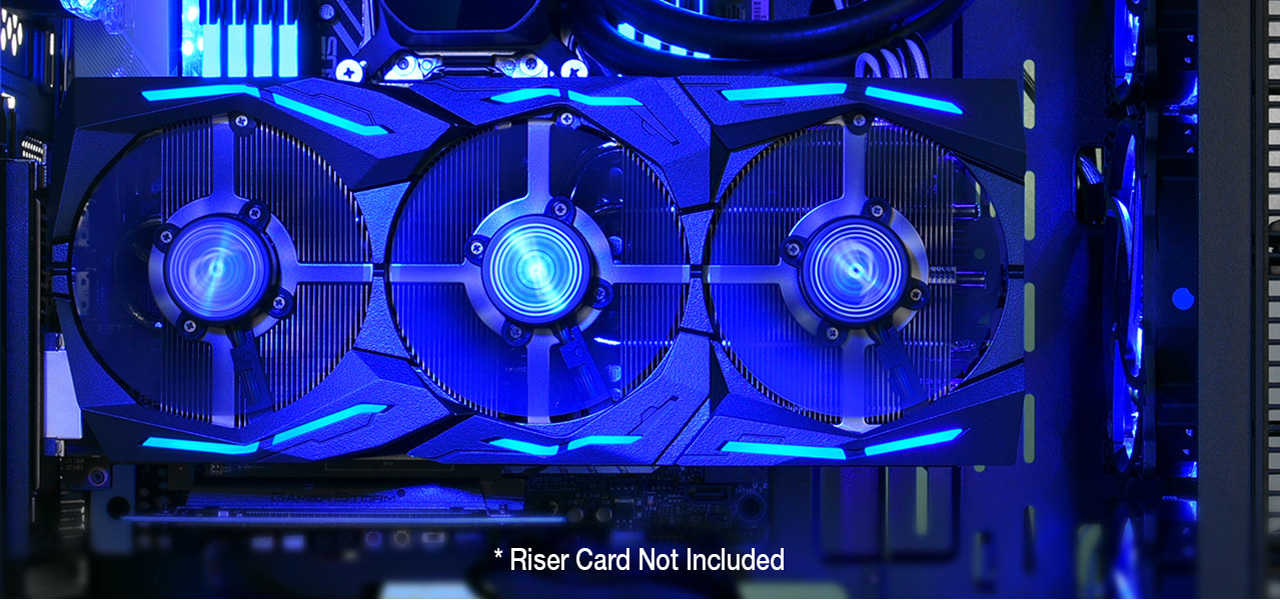 Closeup of a 3-fan graphics card installed in the Rosewill CULLINAN MX-Blue with text that reads: Riser Card Not Included