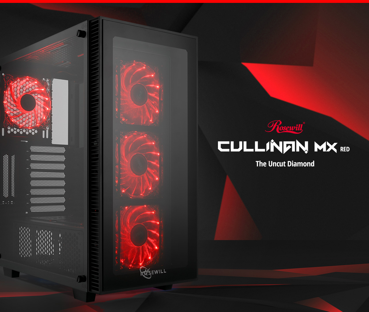 Black and Red Themed Banner showing the Rosewill CULLINAN MX-Red case with four red RGB lit fans facing to the right, there is text that reads:  Cullinan MX Red - The Uncut Diamond