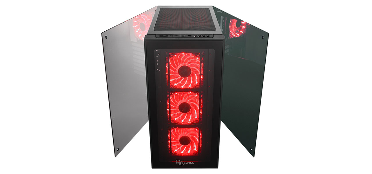 Rosewill CULLINAN MX-Red Case facing forward with its glass side panels slightly removed facing away from the case