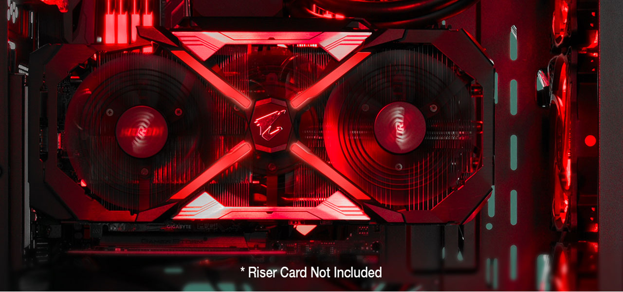 Closeup of an AORUS graphics card installed in a Rosewill CULLINAN MX-Red amongst red lighting. There is disclaimer text that reads: Riser Card Not Included
